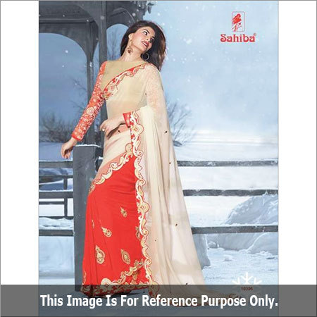 Indian Designer Saree - Silk Blend 5.5 Meters Beige Red, Embroidery Work, Blouse Piece, Elegant Design, Smooth Texture