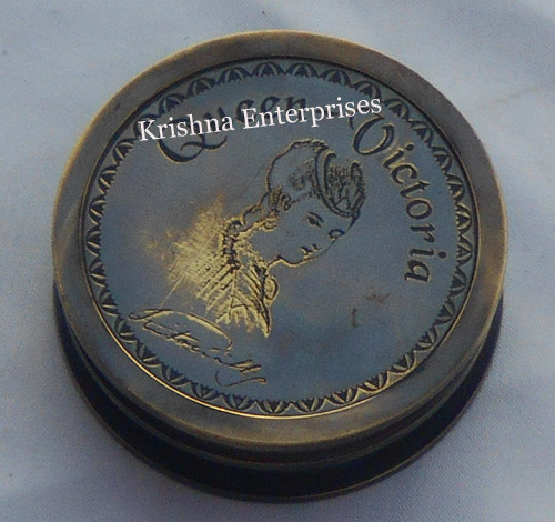 Queen Victoria Compass - Brass 2.5 Inch Black Antique, Hand Engraved, Nautical, Lid History Engraving