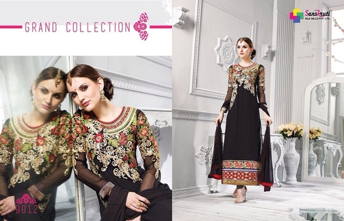 Georgette Salwar Kameez - Georgette Fabric, Santoon Bottom, Black, Full Sleeves | Heavy Embroidery, Bollywood Style, Party Wear