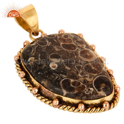Gold Plated Brass Turritella Agate Gemstone Pendant