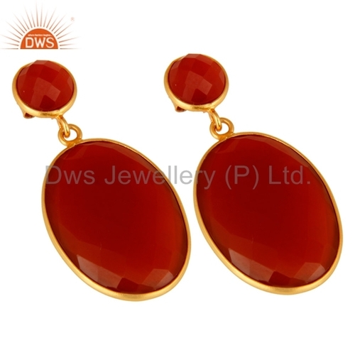 925 Silver Gold Plated Red Onyx Gemstone Earrings