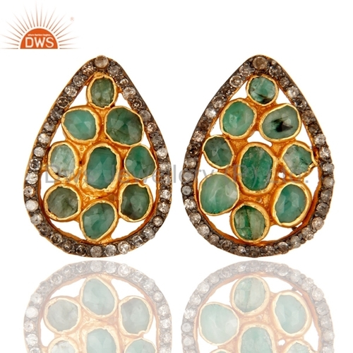 Round Brilliant Cut Silver Emerald Pave Diamond Gold Plated Earring