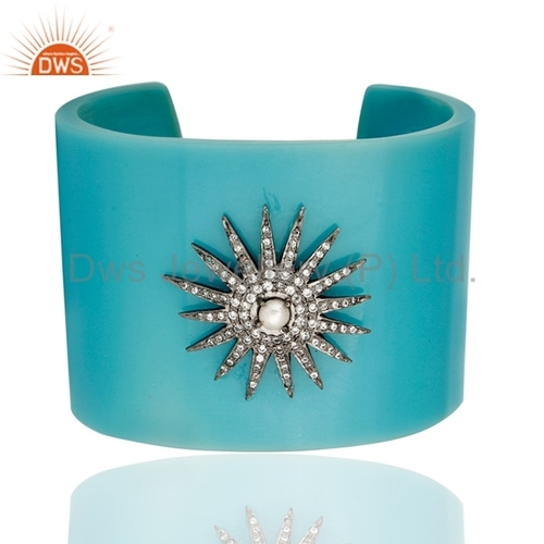 Cz & Pearl Bakelite Cuff Bracelet Bangle