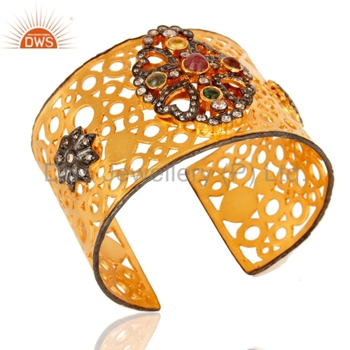 Tourmaline & Cz Gold Plated Brass Cuff Bracelet