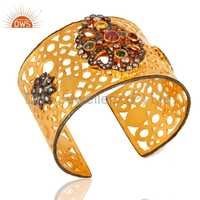 Tourmaline & Cz Gold Plated Brass Cuff Bracelet