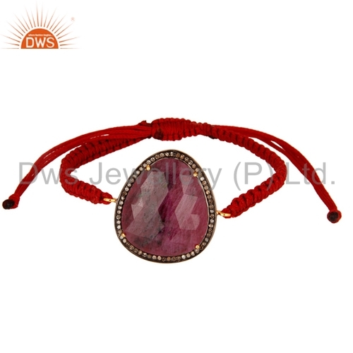 Pave Diamond Ruby Gemstone Silver Macrame Bracelet