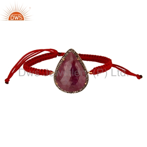 Pave Diamond & Ruby Sterling Silver Macrame Bracelet