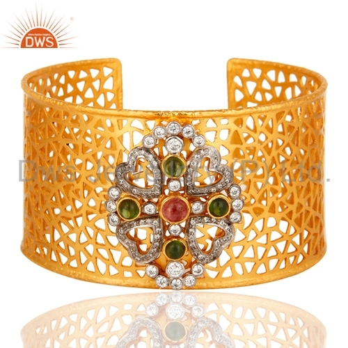 Handmade Filigree Design Gold Plated 925 Silver Cuff Bangle - 2.5 Inch, Unisex & Women's Jewelry with Zircon Stone for Anniversary, Engagement, Gift, Party, Wedding