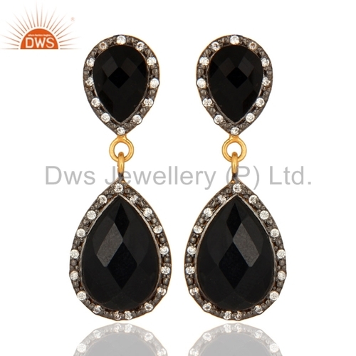 CZ Natural Black Onyx Gemstone Dangle Earrings Jewelry