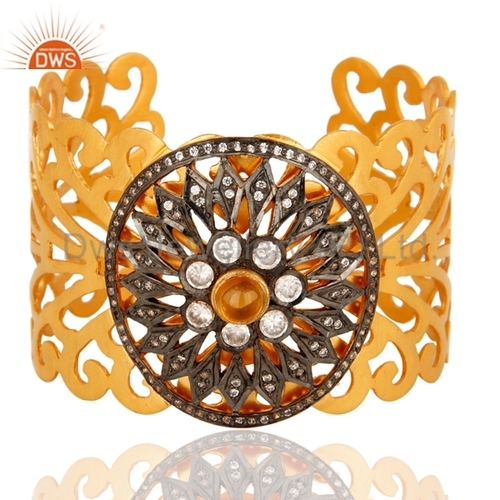Gold Plated Sterling Silver Tourmaline & Cz Cuff Bracelet