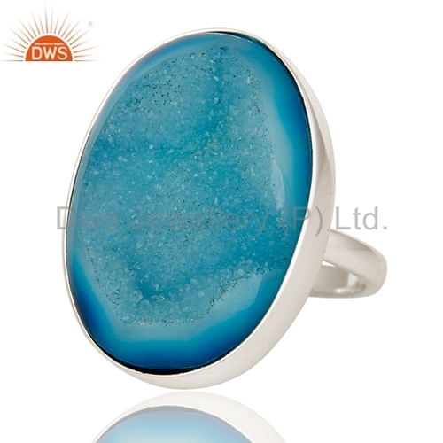 Blue Druzy Sterling Silver Ring - Oval Bezel Setting, Blue Druzy Stone, Elegant Design