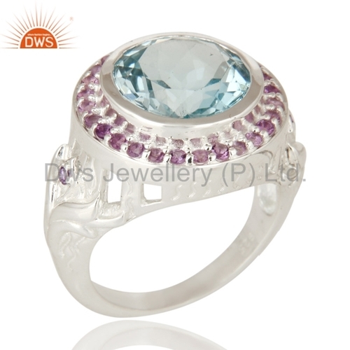 Amethyst & Blue Topaz Fine Sterling Silver Ring - 925 Sterling Silver, US Size 5-10 | Exquisite Micro Setting Gemstone Jewelry