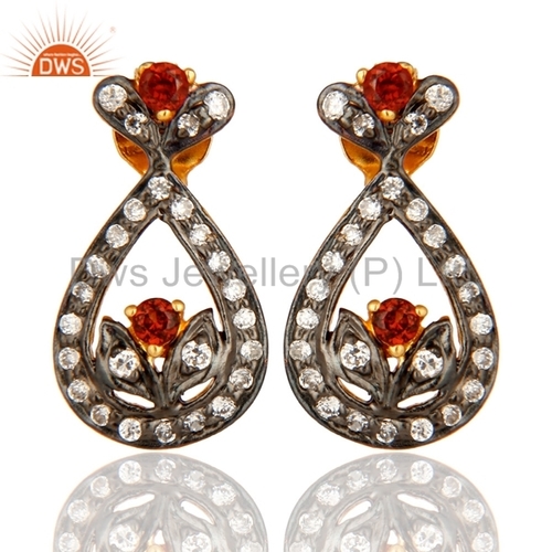 Sterling Silver Garnet & White Zircon Earrings - 15x10 mm, 3g | Oxidized Finish, Elegant Fine Jewelry