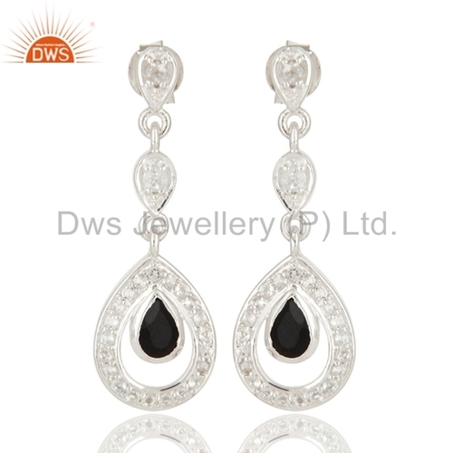 Black Onyx & White Topaz Sterling Silver Earrings - 25-30 mm, 925 Silver | Elegant Drop Design, Gemstone Accents