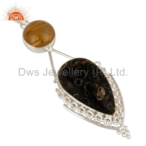 Rutilated Quartz & Turritella Agate Sterling Silver Pendant