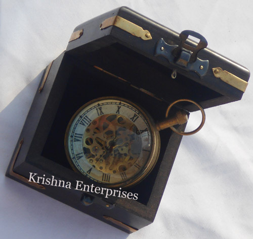Paper Weight Clock With Box - Brass 2 Inch Polished Finish Nautical Design Decorative Stones Wooden Box