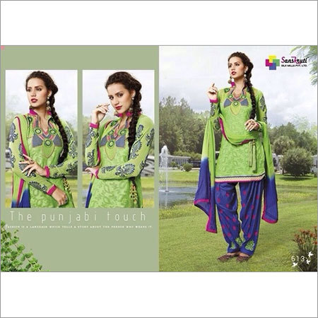 Designer Bollywood Style Ready Made Salwar Kameez - Georgette Top, Santoon Bottom, Chiffon Dupatta, Embroidered Yoke, Green & Blue, Sizes 34-44, Full Sleeves, Party Wear