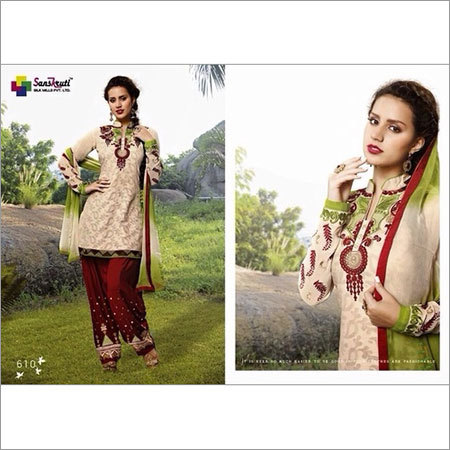 Ready Made Salwar Kameez - Pure Georgette Top, Pure Santoon Bottom, Cream Color, Sizes 34-44 | Embroidered Yoke, Full Sleeves, Pure Chiffon Dupatta, Party and Festival Wear