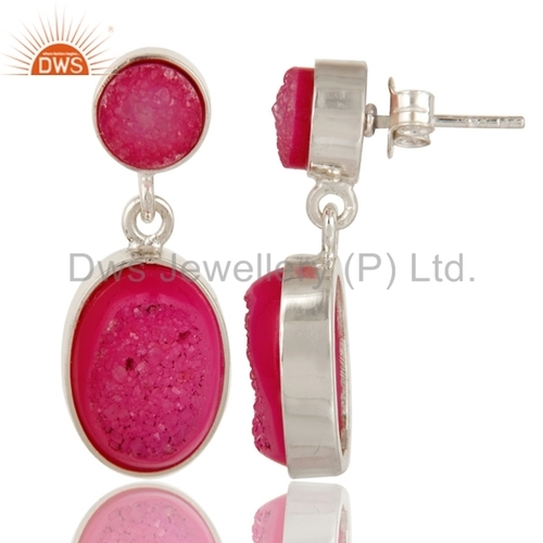 925 Silver Pink Agate Gemstone Drop Earrings