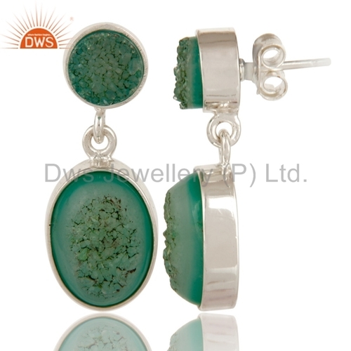 Green Agate Gemstone 925 Silver Drop Earrings