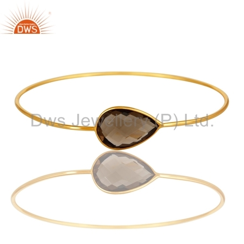 Smoky Quartz Bangle - 925 Sterling Silver, Gold Plated, Modern Design | Perfect for Weddings, Engagements, and Parties