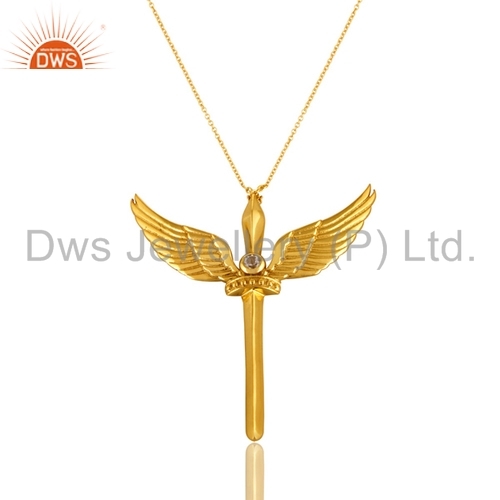 White Topaz Gemstone Gold Plated Silver Angle Wings Pendant Jewelry