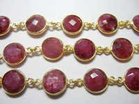 Dyed Ruby Connector Chain - 22kt Gold Vermeil Over Sterling Silver, 10mm Round Semi-precious Gemstone Beads