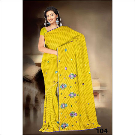 Embroidery Saree Print - Silk, 5.5 Yards, Yellow | Hand Embroidery, Floral Design, Elegant, Durable, Soft Fabric