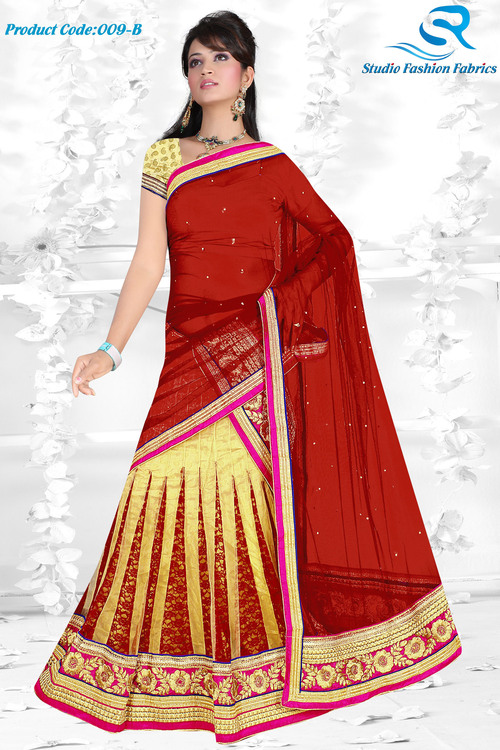 Expressive Red ane Cream Net & Georgette Lehenga Choli