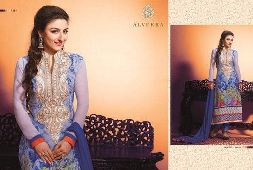 Anarkali Suit Designs - Semi Georgette & Designer Net, Blue, Floor Length, Full Sleeves | Thread & Stone Embroidery, Party Wear, Bollywood Style