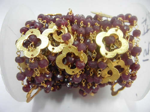 Ruby Beaded Chain with Gold Plated Clover Quatrefoils- Gold Wire Wrapped Bead Chain Sell Per Meter
