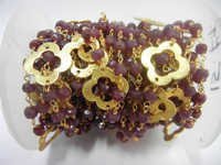 Ruby Beaded Chain With Gold Plated Clover Quatrefoils- Gold Wire Wrapped Bead Chain Sell Per Meter