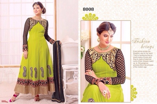 Georgette Anarkali Suit - Faux Georgette Top, Santoon Bottom & Inner, Chiffon Dupatta, Lime Green, 54 Inches | Elegant Design, Comfortable Fit, Versatile Style