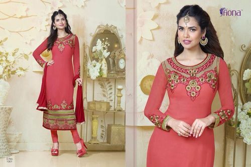 Unstitched Punjabi Salwar Suit - Semi Georgette & Santoon, Light Red, Sizes 34-44 | Anarkali Style, Heavy Thread & Stone Work, Full Sleeves, Floor Length
