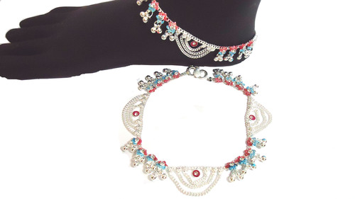 Designer Silver Payal - Copper & Brass, Silver Plated, Jula Pattern | Elegant Mina Work, Colorful Beads, Silver Anklet