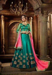 Karma Lehenga - Shaded Satin Silk, Green Color | Embroidered Pattern, Lace Closure, Suitable For All Seasons