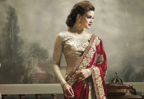 DESIGNER SAREES - Silk, 5.5 Meters, Burgundy | Attached Blouse, Embroidery, Elegant Design, Comfortable Wear