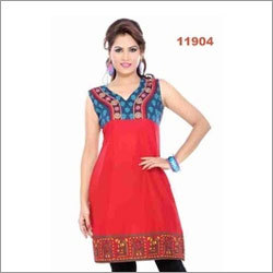 Women Kurti - Cotton, 38 Inches, Red | Floral Embroidery, Sleeveless, V-Neck, Comfortable Fit, Elegant Look