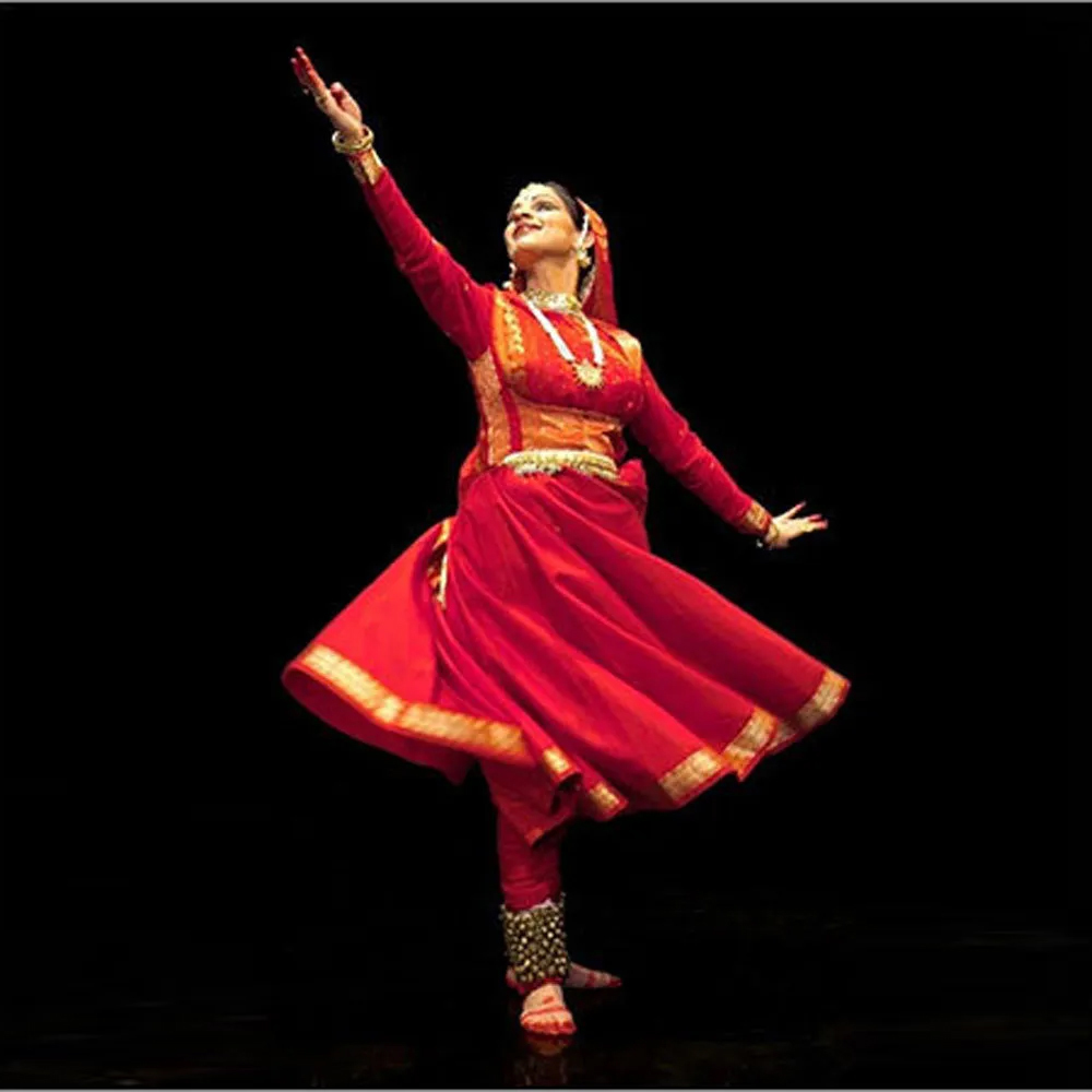 Red Kathak Dance Costume With Gold Border