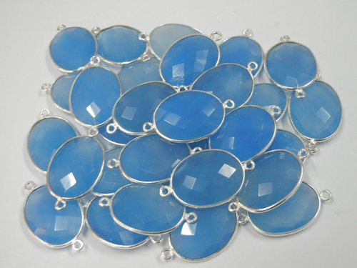 A Lot of 30 Piece Silver Bezel Blue Chalcedony Gemstone Connectors With 2 Loops