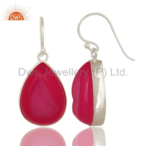 Pink Agate Gemstone 925 Silver Drop Earrings