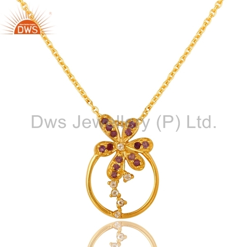 Designer Silver Multi Gemstone Pendant - Gold Plated Silver, Amethyst & White Topaz, Themed Pendant