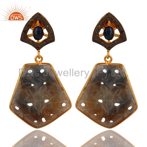 Carved Sapphire Pave Diamond Silver Earrings