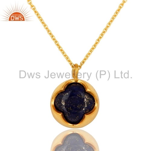 प्राकृतिक लापीस लाजुली जेमस्टोन गोल्ड प्लेटेड क्लोवर सिल्वर पेंडेंट ज्वेलरी