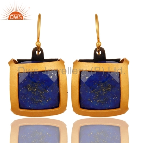Lapis Lazuli Earrings - 925 Silver, Yellow Gold Plated, Natural Gemstone Design