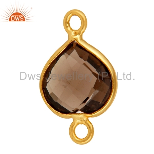 Sterling Silver Smoky Quartz Connector - 15x10mm Gold-Plated, Heart-Shaped Stone, Elegant Durable Design