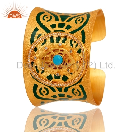 Gold Plated Brass Turquoise Enamel Cuff Bracelet