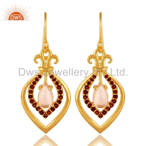 Rose Quartz Garnet Gemstone Designer Earrings - Gold Over Silver, Elegant Handcrafted Jewelry with Stunning Semi-Precious Stones and Exceptional Quality Standards