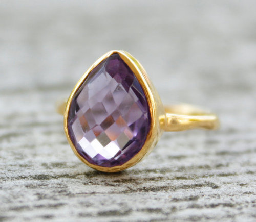 Amethyst Gemstone Ring - 18k-24k Vermeil Gold, Pear Cut Amethyst, Certificate Included, 14 Days Return