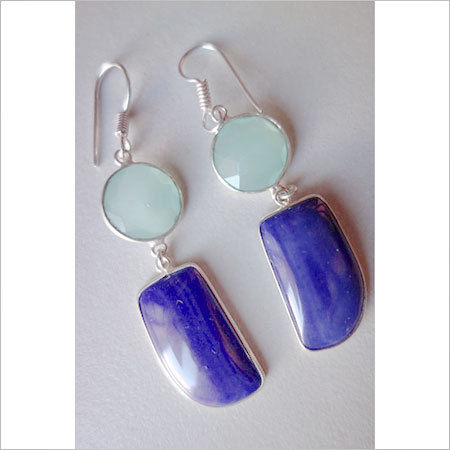 Earrings 42cts One Pair Purple Chalcedony & Aqua Chalcedony Silver Plated Ready To Wear Earrings#ag3289